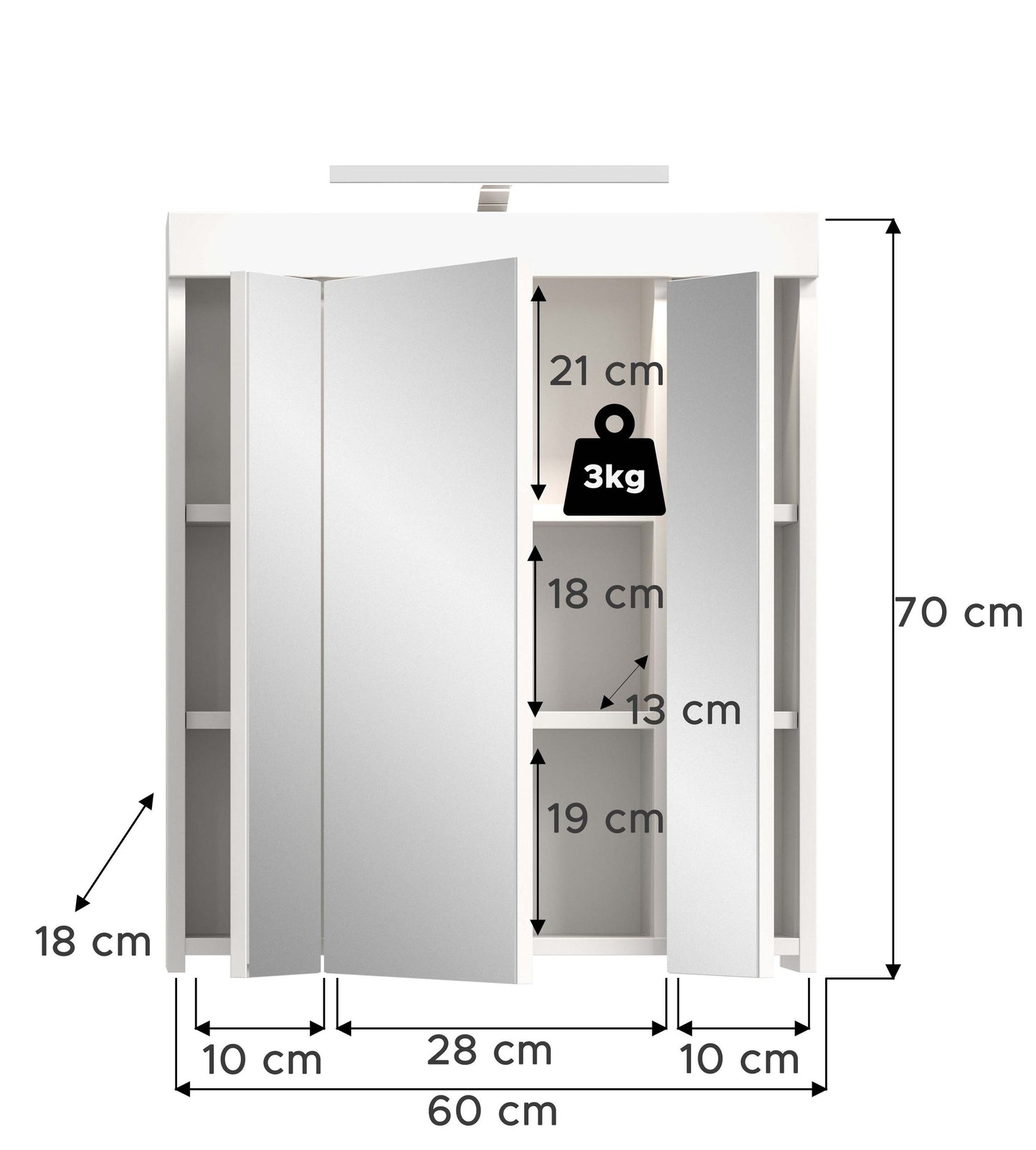 Viana Spiegelschrank inkl. Beleuchtung (B/H/T: 60x70x18 cm) in Spiegelglas und Weiß
