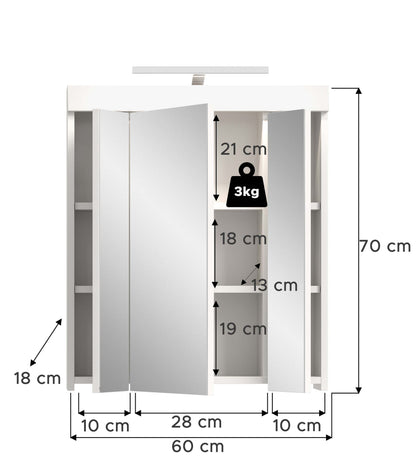 Viana Spiegelschrank inkl. Beleuchtung (B/H/T: 60x70x18 cm) in Spiegelglas und Weiß