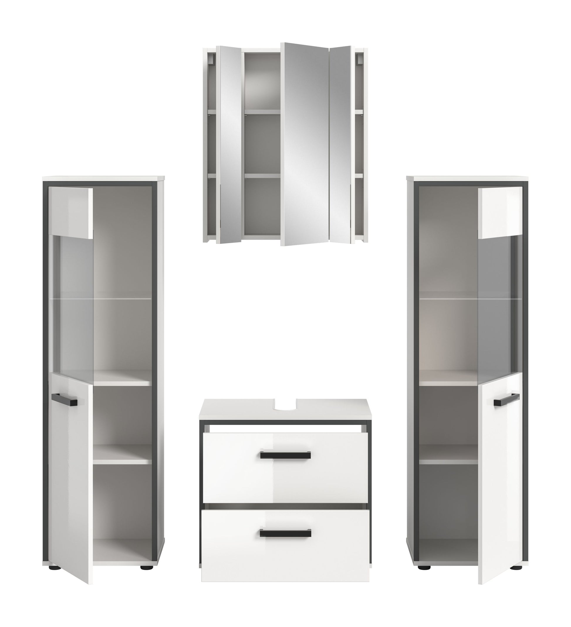 Badmöbel-Set mit geöffneten Hochschränken und Spiegelschrank, weiß hochglänzend