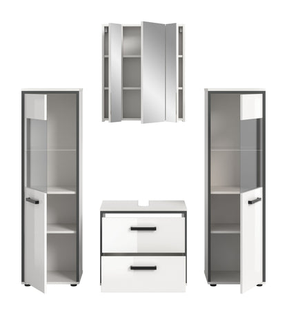 Badmöbel-Set mit geöffneten Hochschränken und Spiegelschrank, weiß hochglänzend