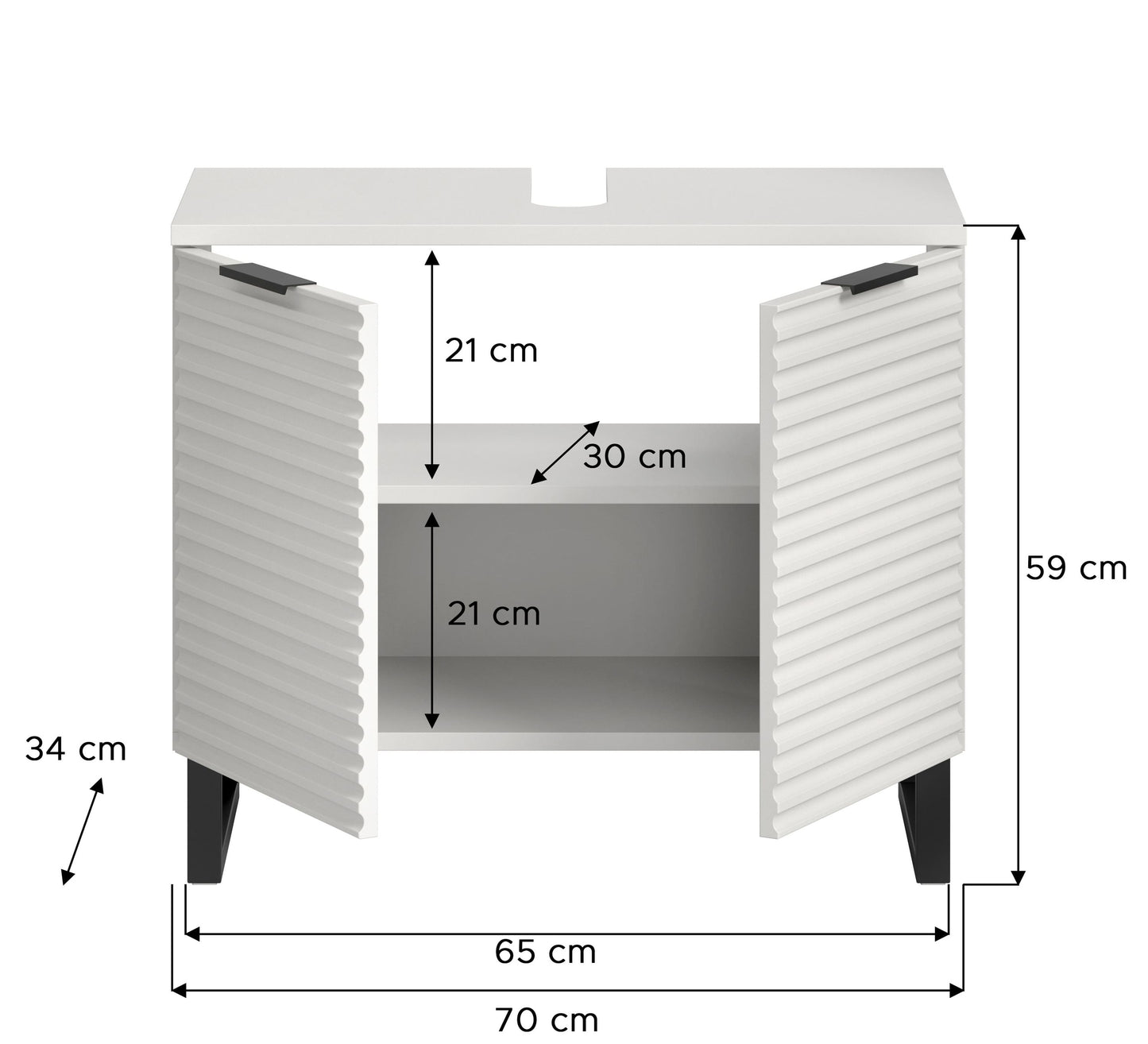 Waschbeckenunterschrank 70 cm breit, weiß, mit Maßangaben (59/65/70 cm)