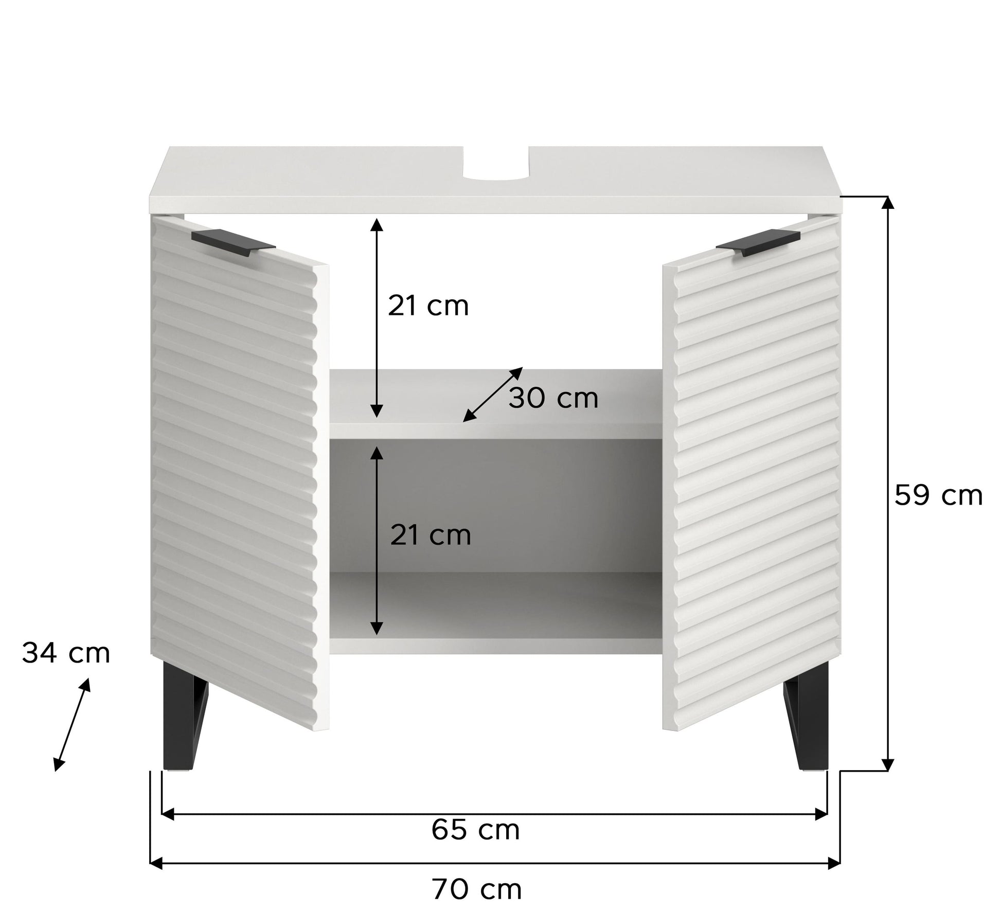 Waschbeckenunterschrank 70 cm breit, weiß, mit Maßangaben (59/65/70 cm)
