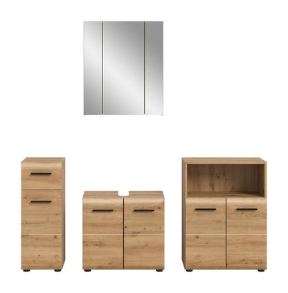 4-tlg. Badezimmermöbel-Set mit Spiegelschrank und Schränken in heller Holzoptik