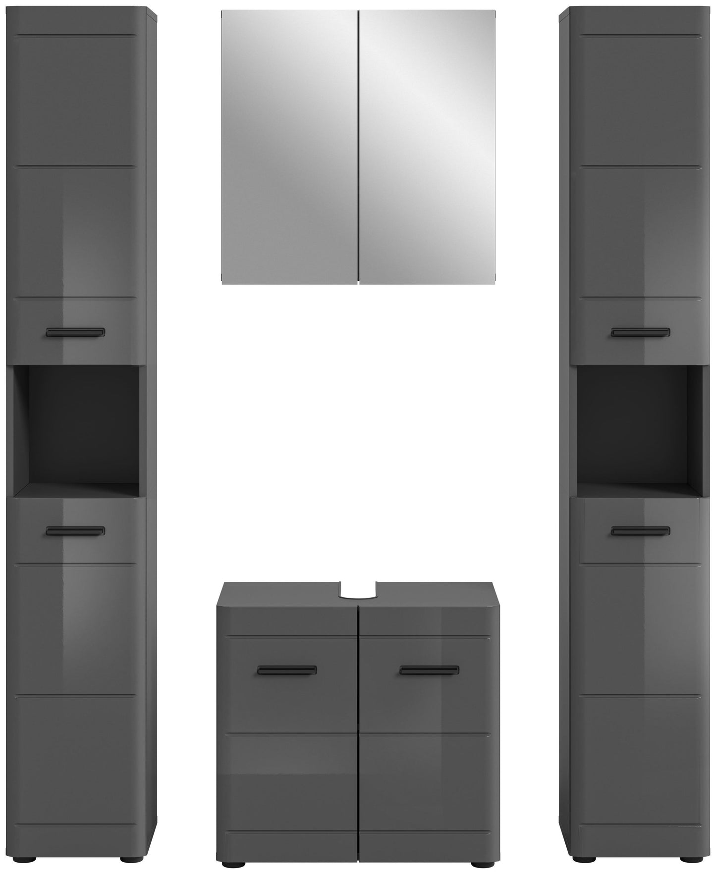 Badmöbel-Set frontal mit Spiegelschrank, Unterschrank und zwei Hochschränken, grau