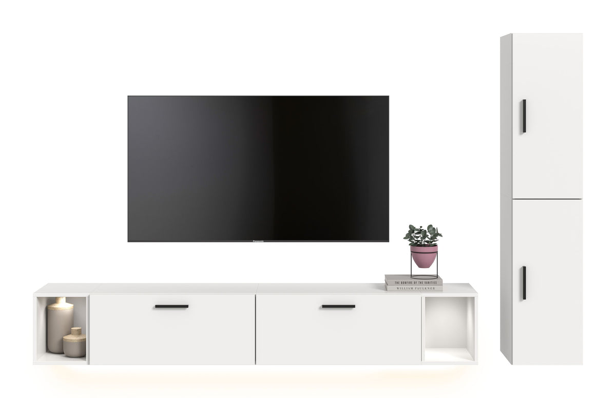 TV-Lowboard mit Beleuchtung, weiß, zwei Schubladen und offene Fächer seitlich