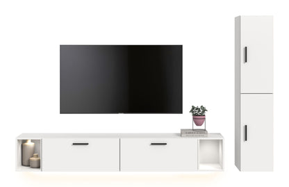 TV-Lowboard mit Beleuchtung, weiß, zwei Schubladen und offene Fächer seitlich