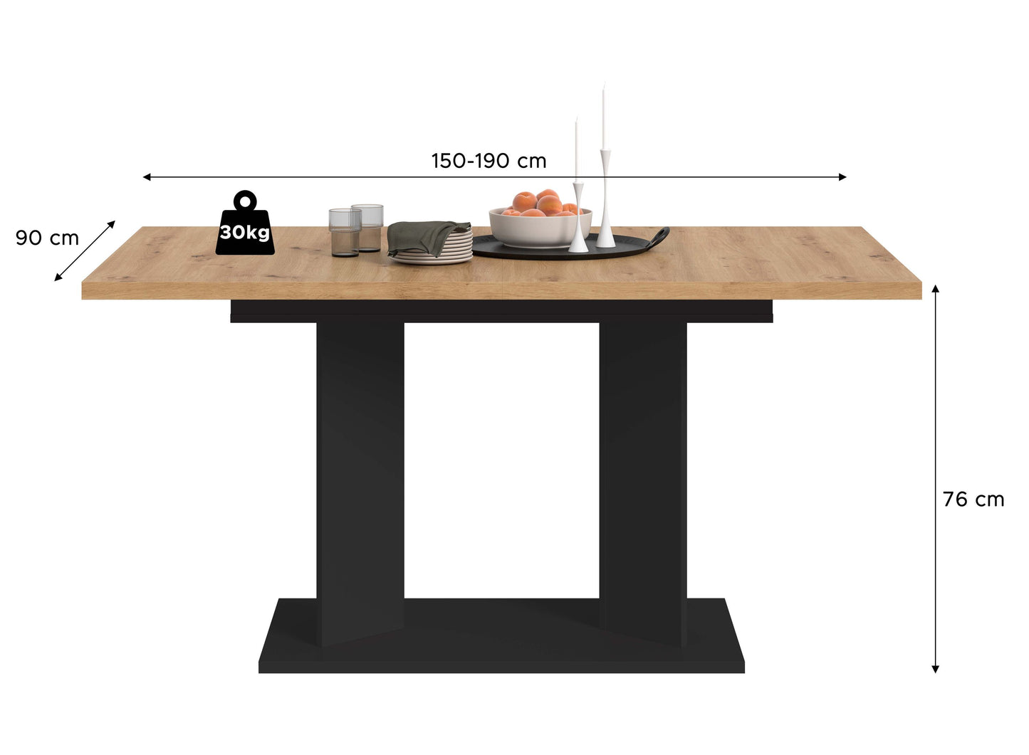 Table à manger GUSTAV (L/H/P : env. 190/76/90 cm) en blanc/imitation chêne Artisan