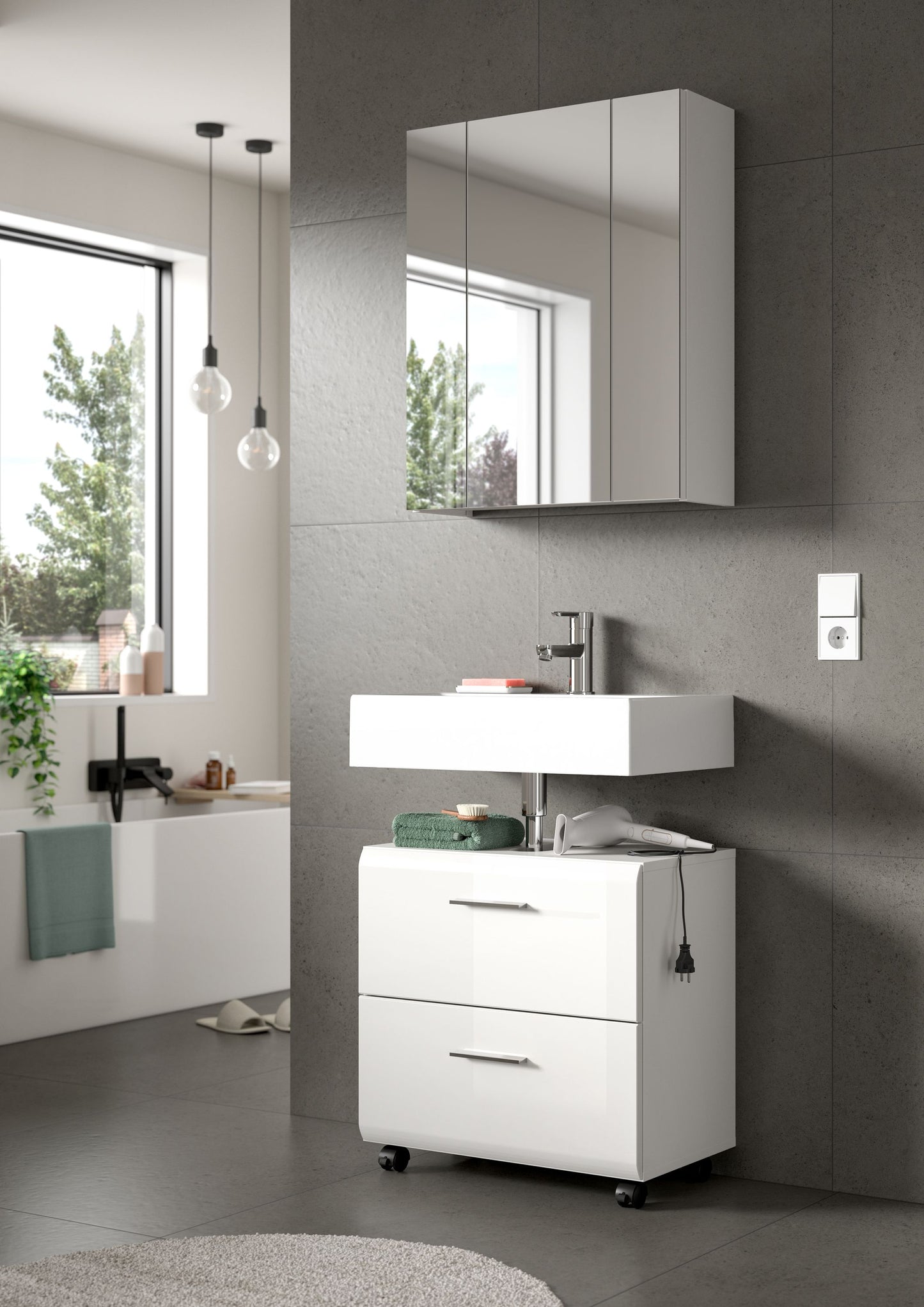 Homes & Jones Badmöbelset 2-tlg., Schrank 60 cm rollbar, Badspiegelschrank 3-trg