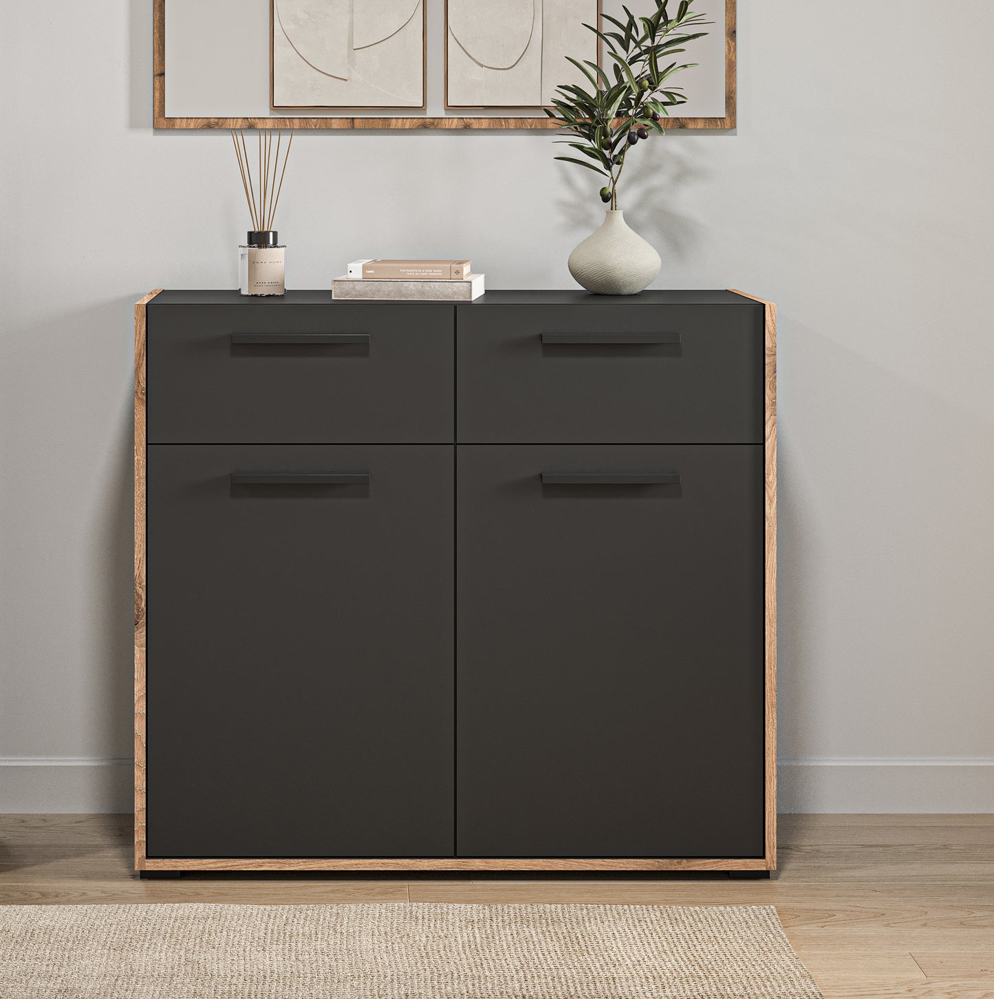 Commode BUENO (L/H/P : env. 95/86/37 cm) en gris basalte/gris basalte