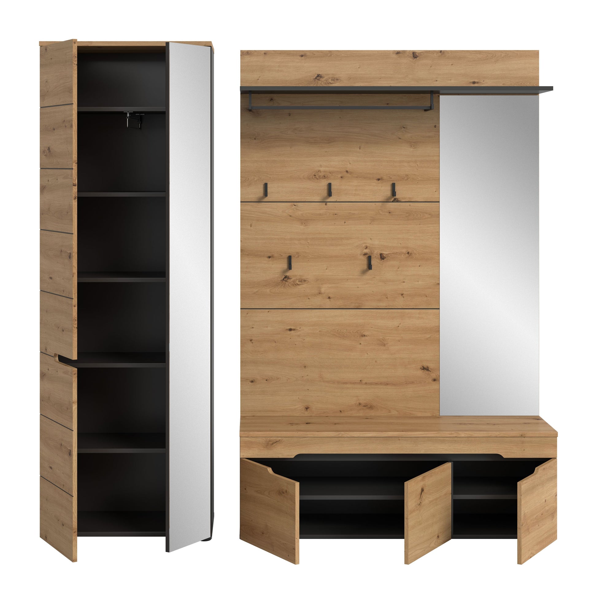 Garderobenset mit geöffnetem Spiegelschrank, Ablagefächern, Garderobenpaneel und Sitzbank