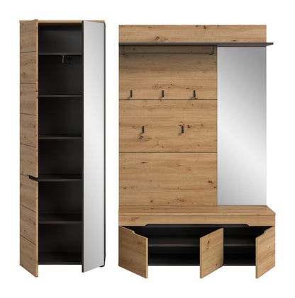 Garderobenset mit geöffnetem Spiegelschrank, Ablagefächern, Garderobenpaneel und Sitzbank