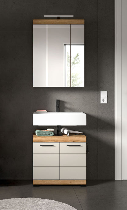 Badezimmerset mit Spiegelschrank mit Leuchte und Waschtischunterschrank mit zwei Schubfächern