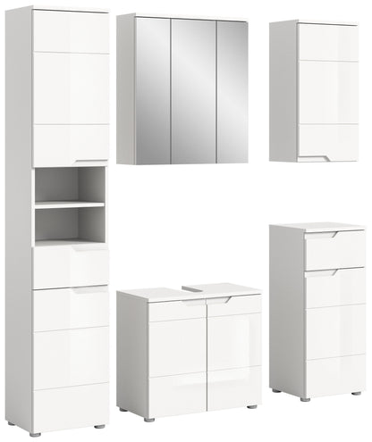 Badezimmermöbel-Set mit weißen Hochglanzfronten, Schrank mit offenen Fächern und Unterschrank