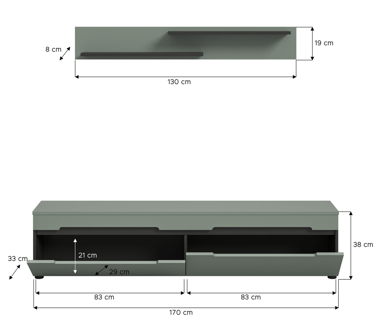 Meuble bas avec étagère murale CANU (L/H/P : env. 170/38/33 cm) en gris basalte/vert fumée