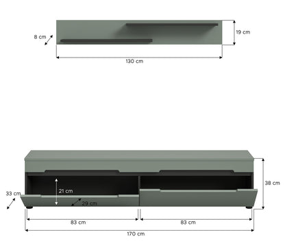 Meuble bas avec étagère murale CANU (L/H/P : env. 170/38/33 cm) en gris basalte/vert fumée