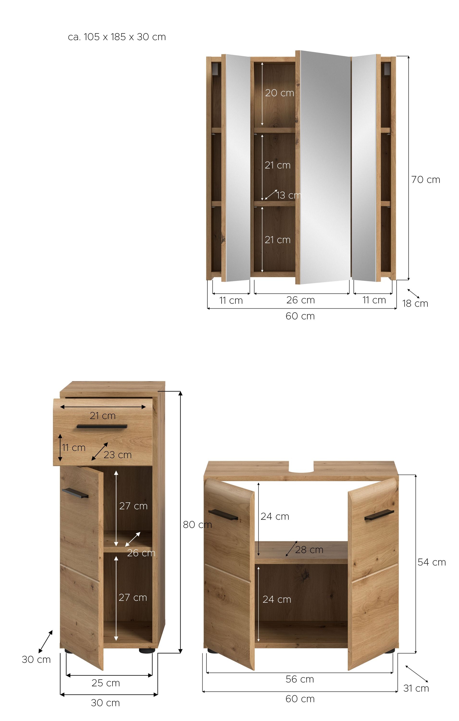Badmöbel-Set mit Waschbecken, zwei Frontschubkästen und Hochschrank, Holzdekor
