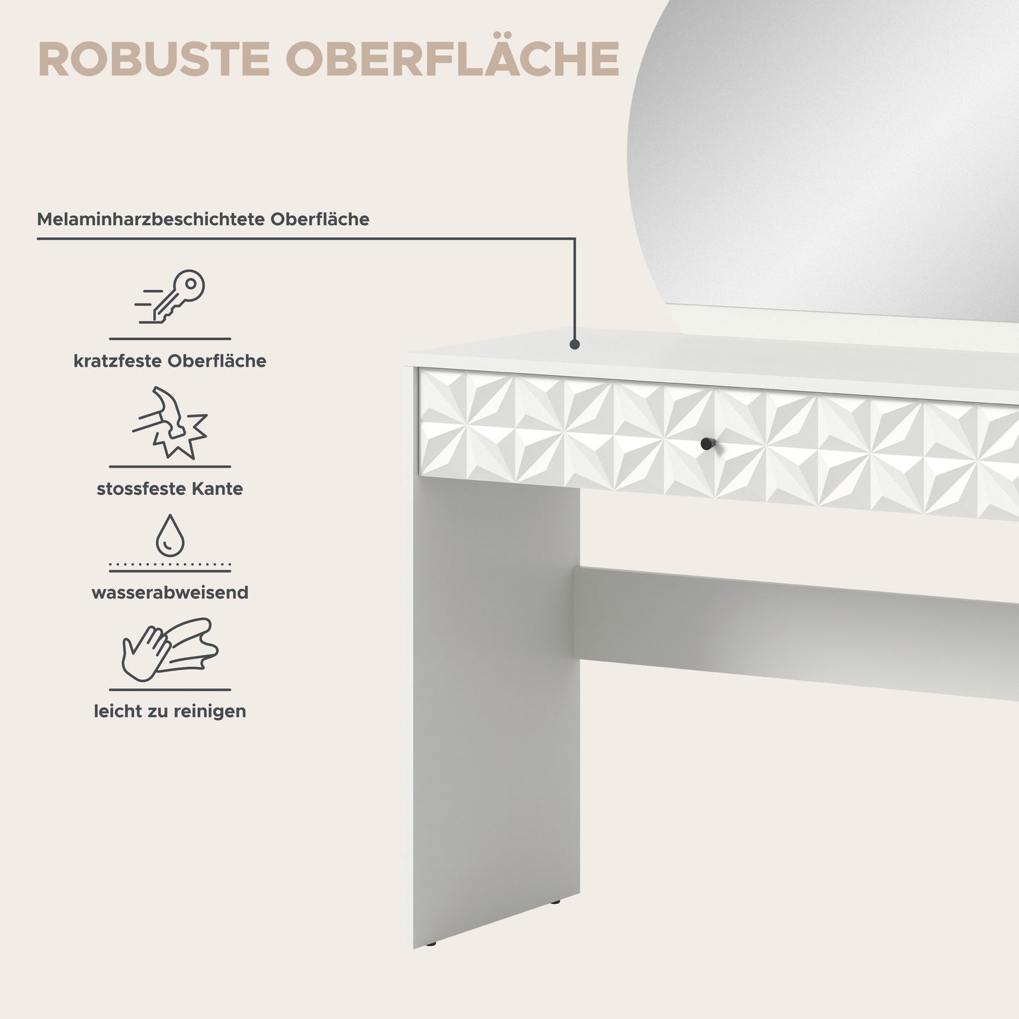 Homes & Jones Schminktisch 90 cm breit mit Spiegel in rund, Jugendzimmermöbel