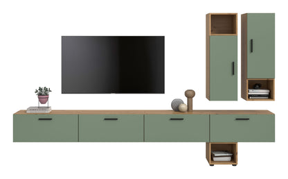 Meuble TV mural THE ONE (L/H/P : env. 300/178/34 cm) en imitation chêne Artisan/vert fumé