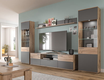 Wohnwand mit TV-Schrank und Vitrinen, Holzoptik, Anthrazit, Glasfronten