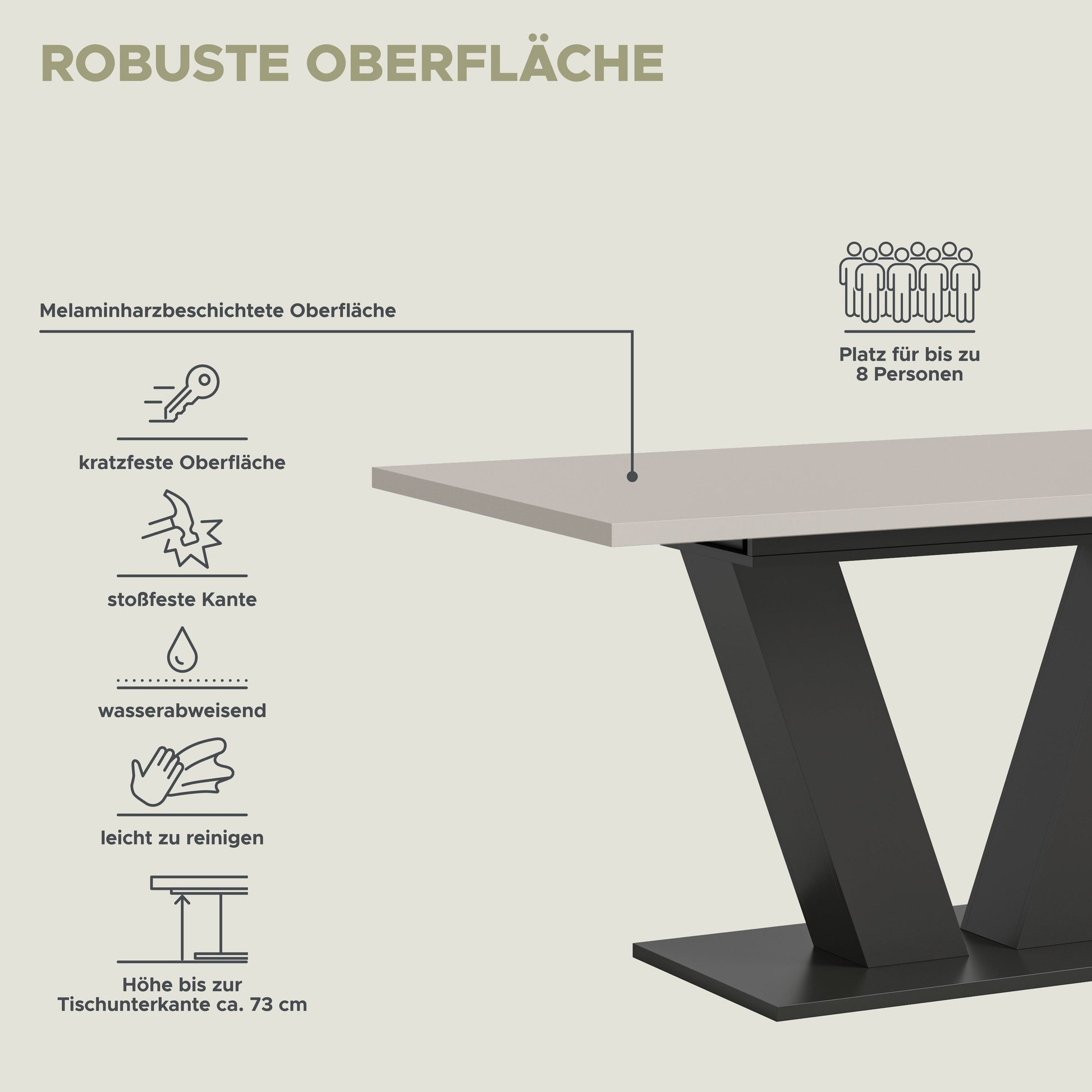 Esstisch-Detailgrafik: robuste, kratzfeste und wasserabweisende melaminbeschichtete Oberfläche