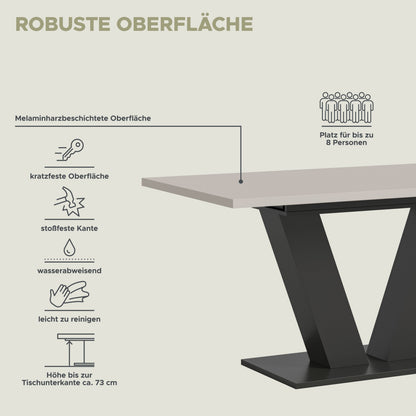 Esstisch-Detailgrafik: robuste, kratzfeste und wasserabweisende melaminbeschichtete Oberfläche