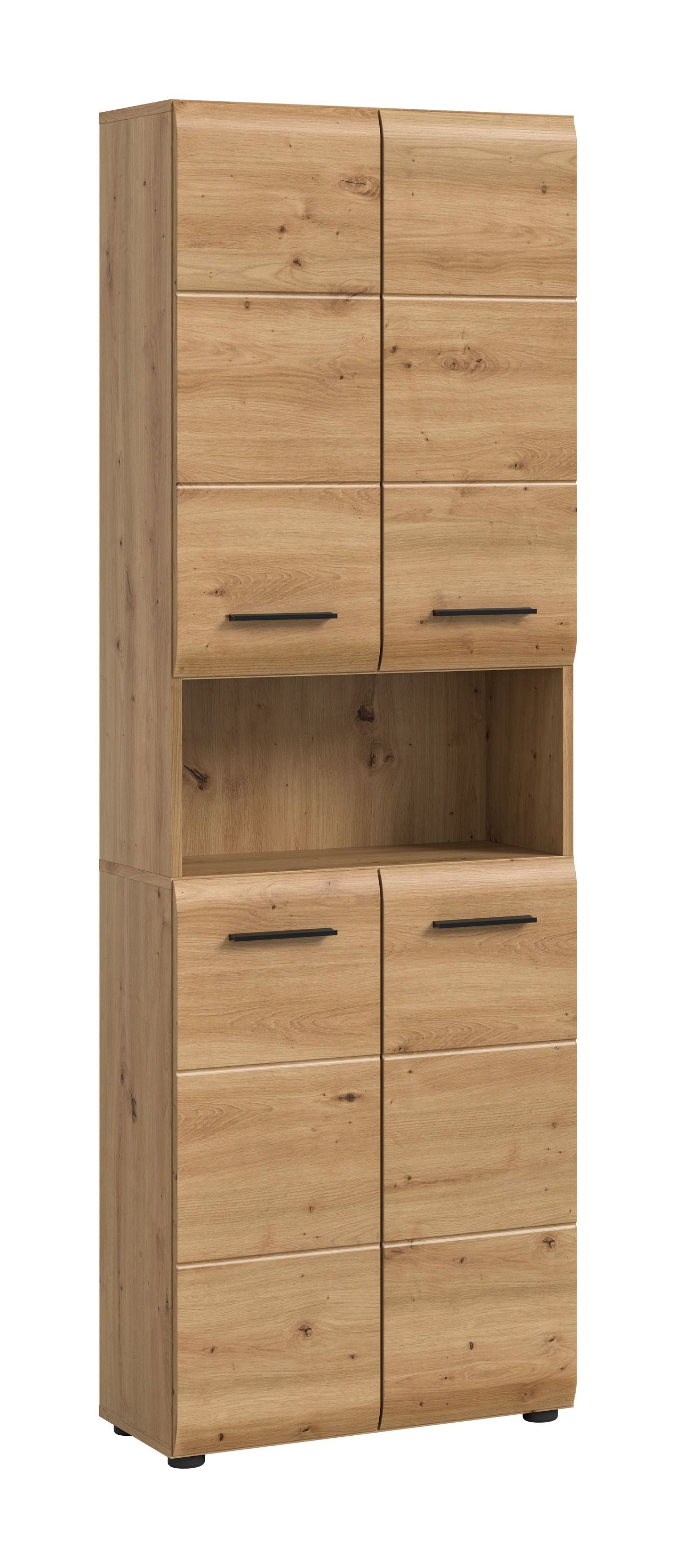Badezimmerhochschrank im hellen Holzdekor mit Schranktüren und mittleren Einlegefächern