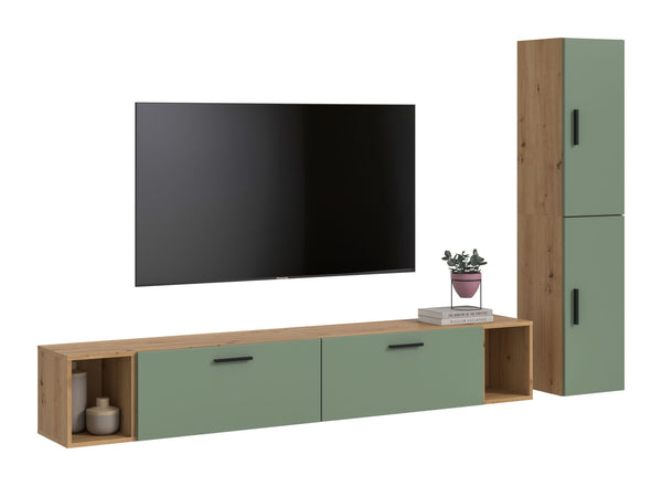 Combinaison murale THE ONE (L/H/P : env. 259/182/34 cm) en imitation chêne Artisan/vert fumé