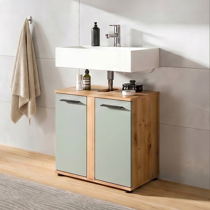 Waschbeckenunterschrank mit Waschbecken, zwei Minttüren, Holzseiten, Griffen