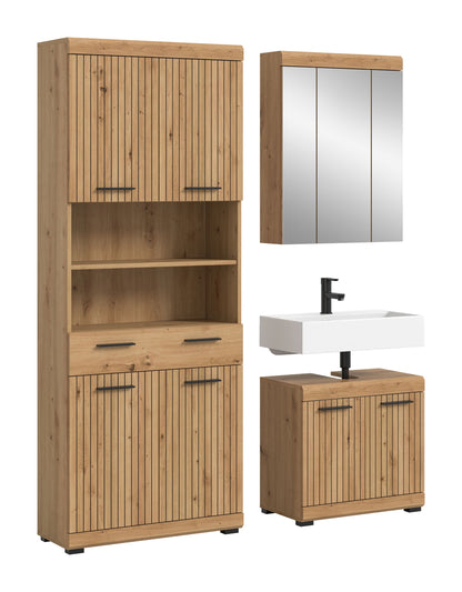 Badezimmerset 3-teilig mit Holzoptik, Spiegelschrank und Waschtisch mit Unterschrank