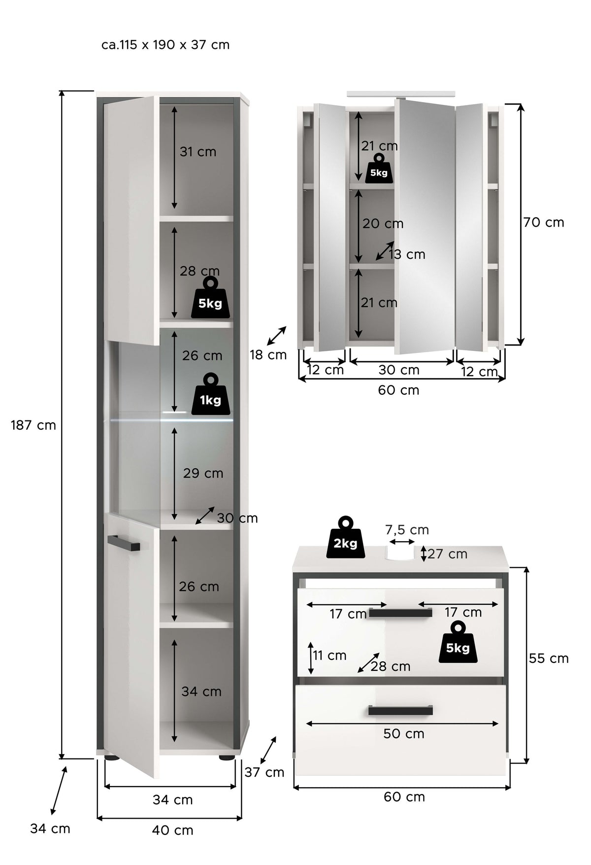 Bathroom set incl. lighting KOJAK (W/H/D: approx. 115/188/37 cm) in white/white high-gloss