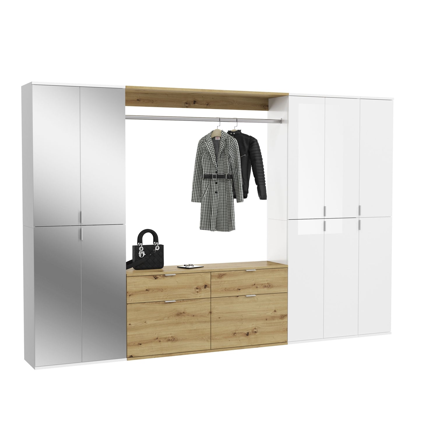 Garderobenschrank mit 4 Türen, Kleiderstange und Holzdekor-Elementen, weiß/braun