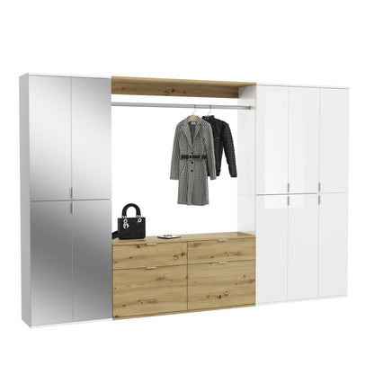 Garderobenschrank mit 4 Türen, Kleiderstange und Holzdekor-Elementen, weiß/braun