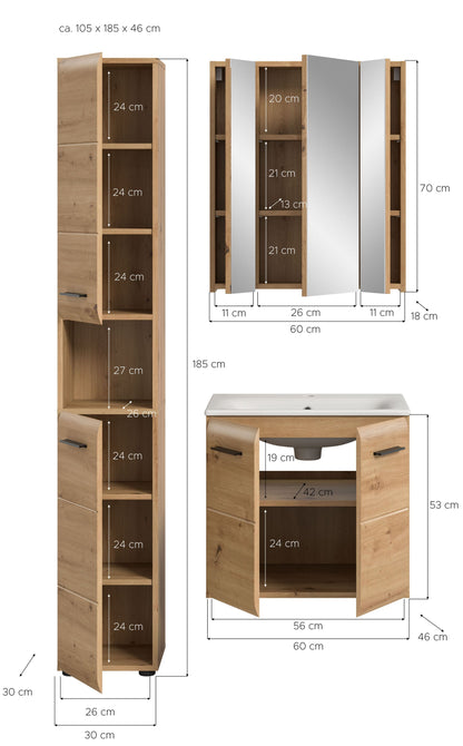 Badezimmer-Badmöbel-Set mit Maßangaben: ca. 105 x 185 x 46 cm (LxHxT)