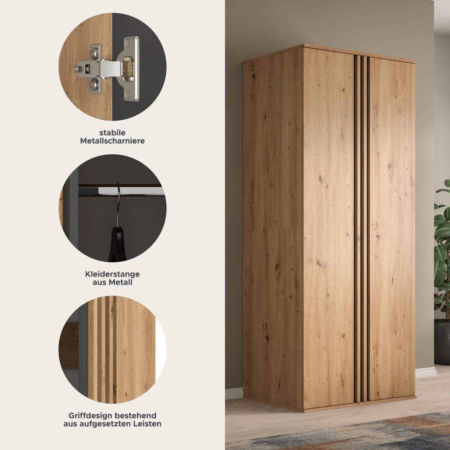 Homes & Jones Kleiderschrank 80 cm breit 2-türig, Schlafzimmerschrank