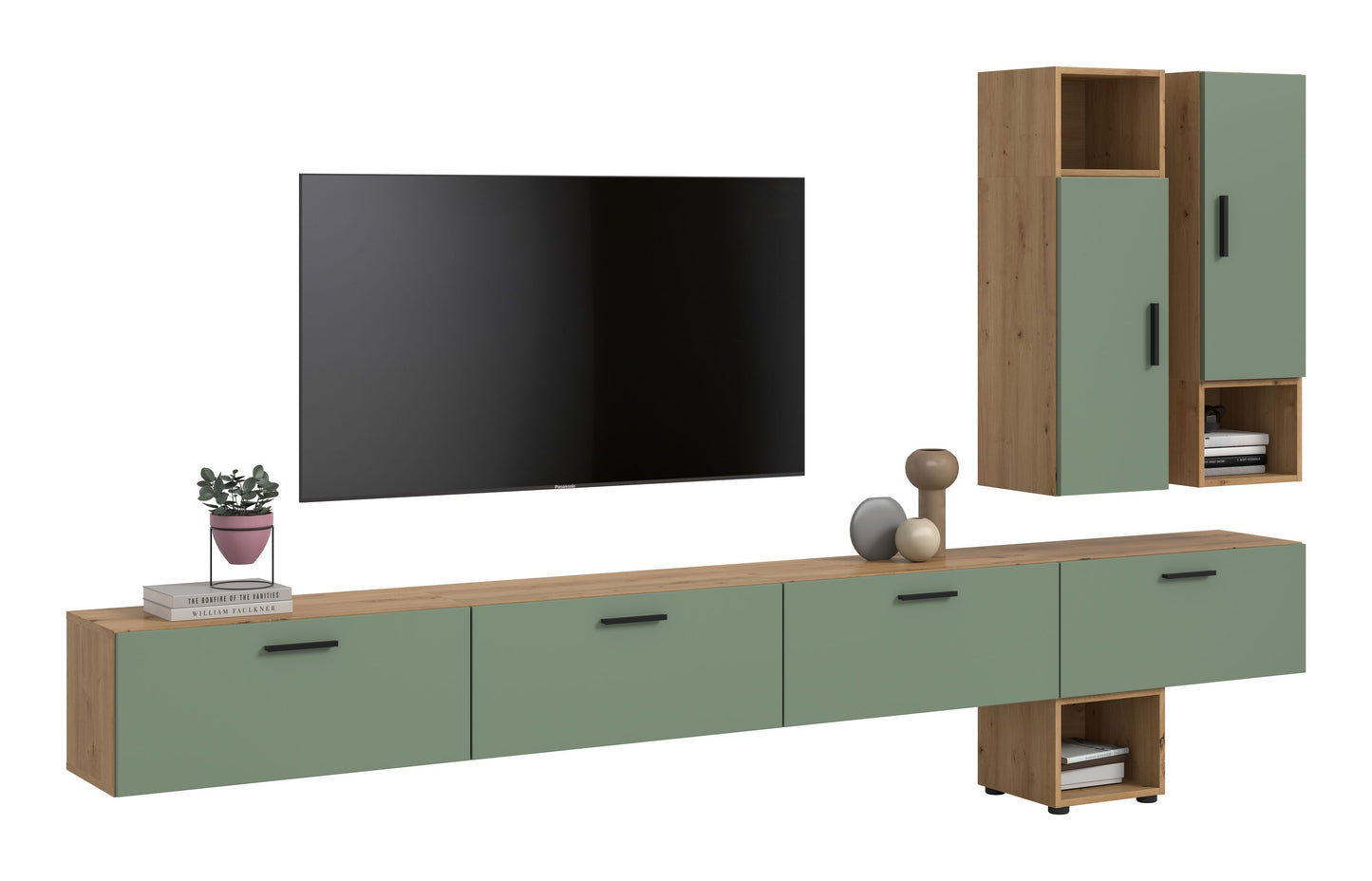 Meuble TV mural THE ONE (L/H/P : env. 300/178/34 cm) en imitation chêne Artisan/vert fumé