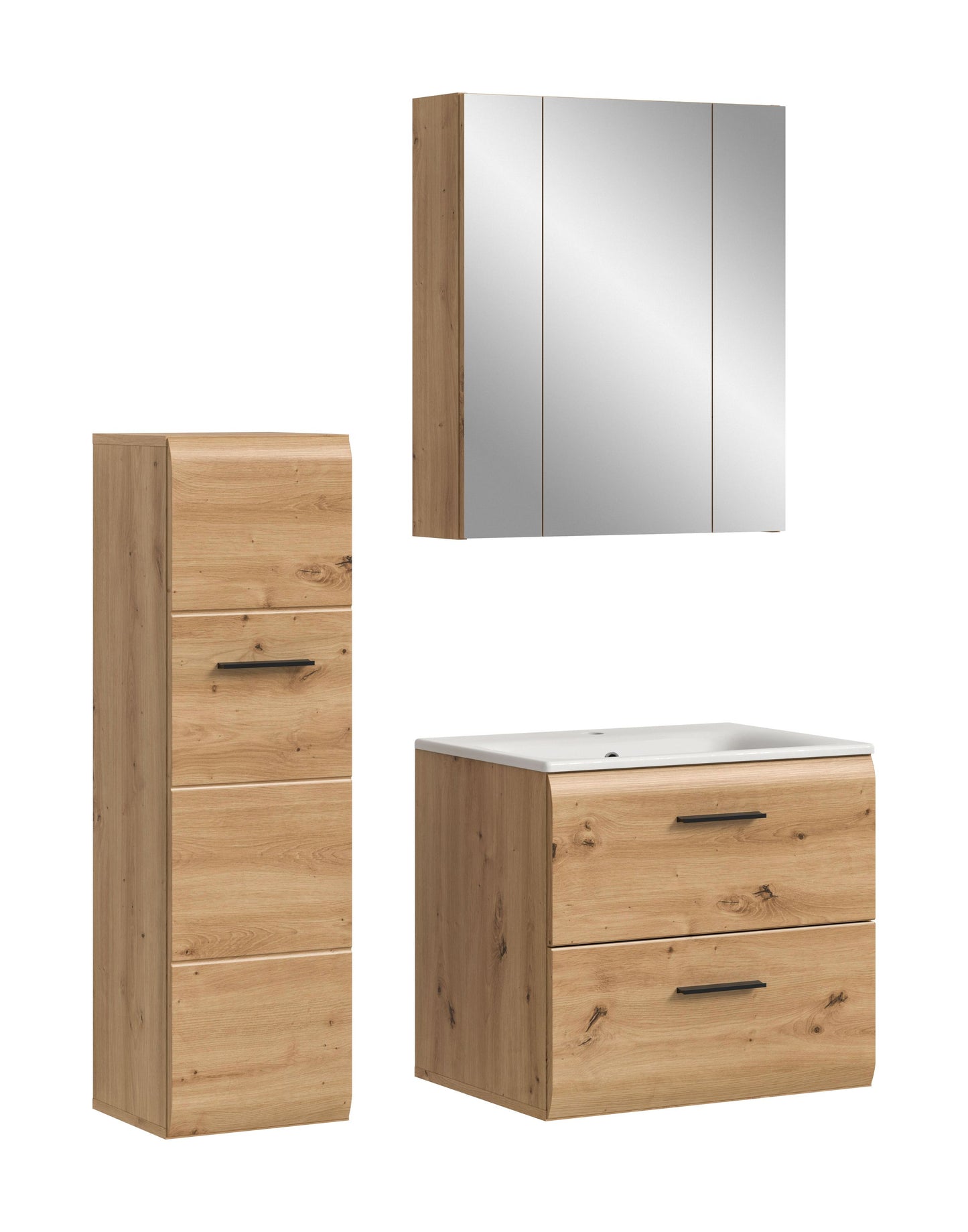Badmöbel-Set: Spiegelschrank, Waschtischunterschrank und Hochschrank in Eichenoptik