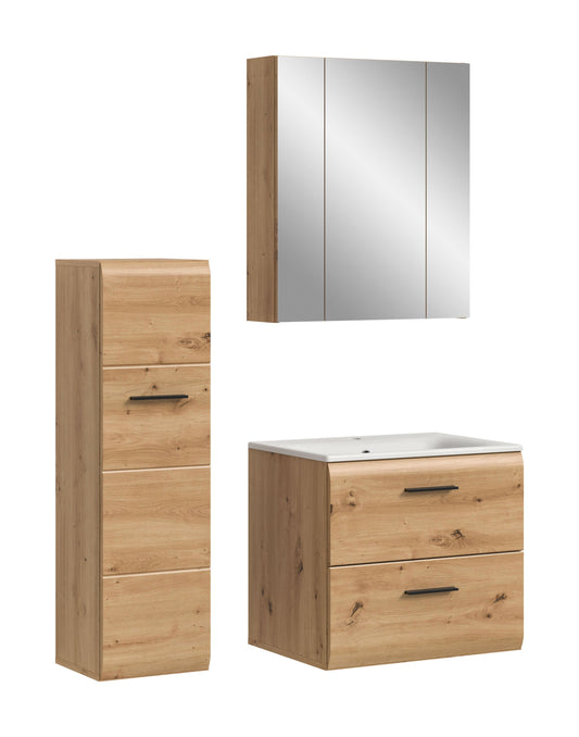 Badmöbel-Set: Spiegelschrank, Waschtischunterschrank und Hochschrank in Eichenoptik