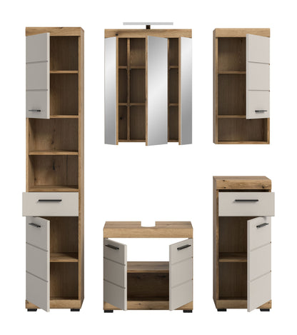 Badezimmerset mit offenen Fächern, Spiegelschrank und Unterschrank, Eiche/weiß