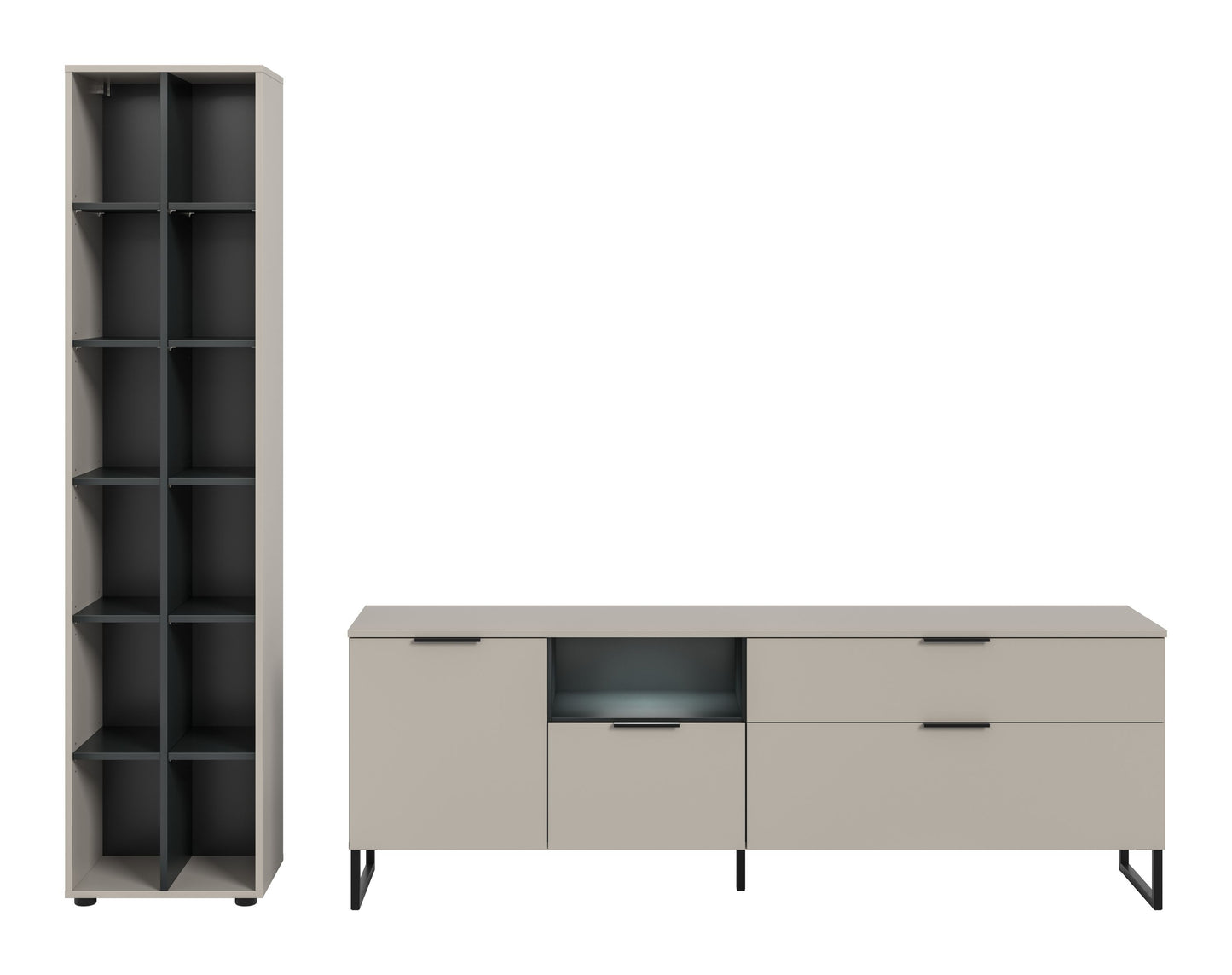 Wohnzimmerschrank-Set mit hohem Regalschrank und Sideboard, Fronten mit Griffen