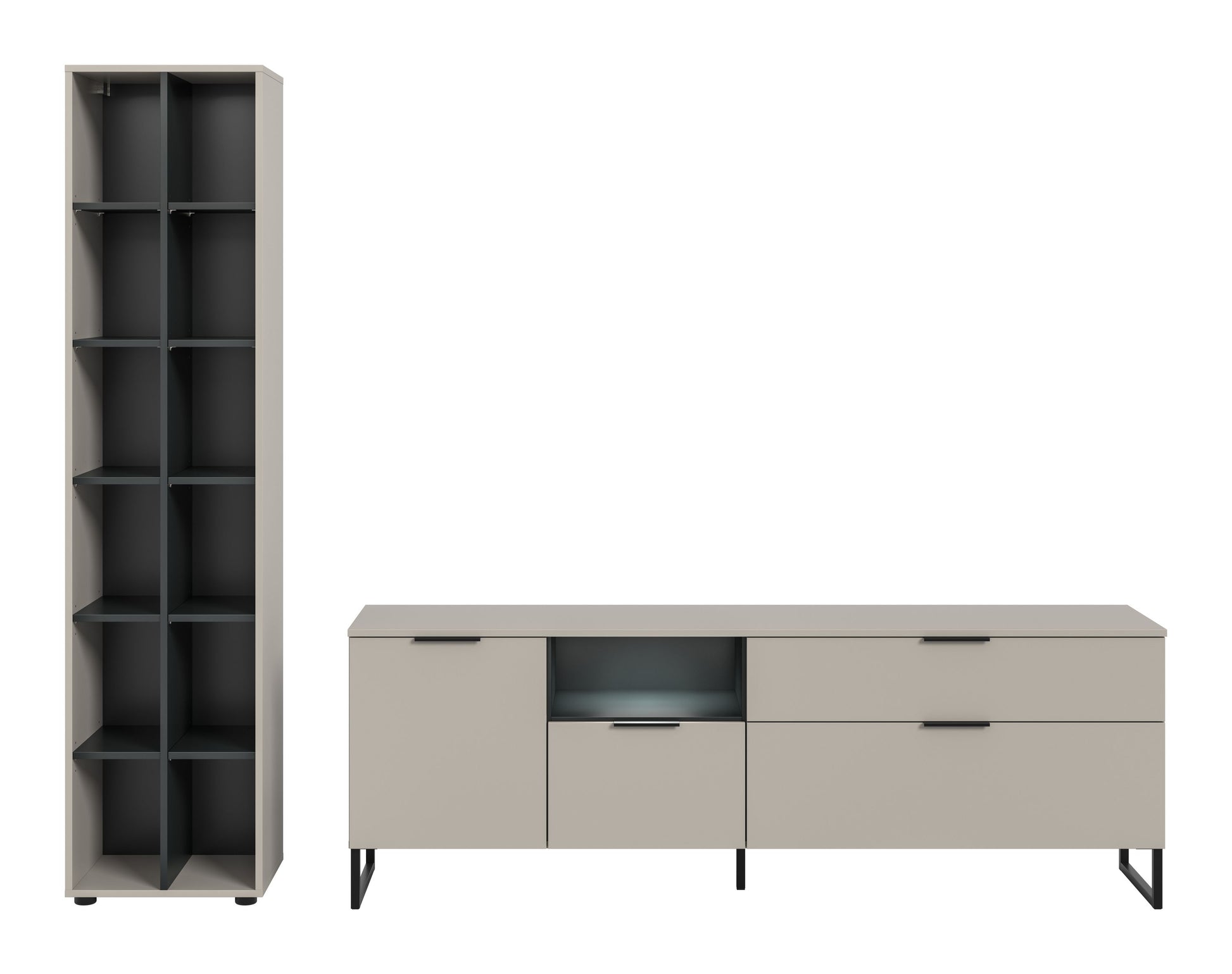 Wohnzimmerschrank-Set mit hohem Regalschrank und Sideboard, Fronten mit Griffen