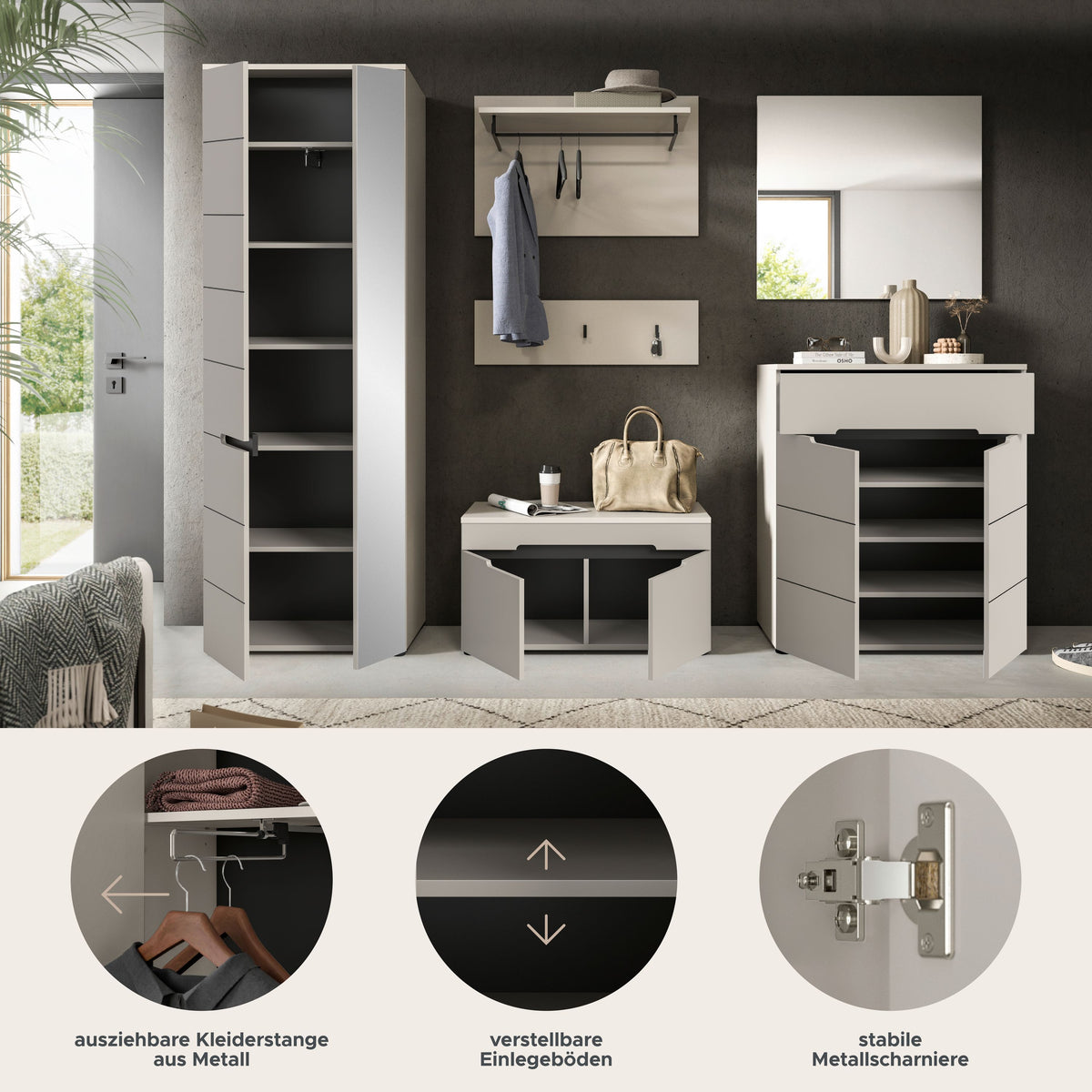Garderoben-Set im Flur-Stil: Spiegelschrank, Hängeschienen, Schuhschrank und Kommode in Weiß