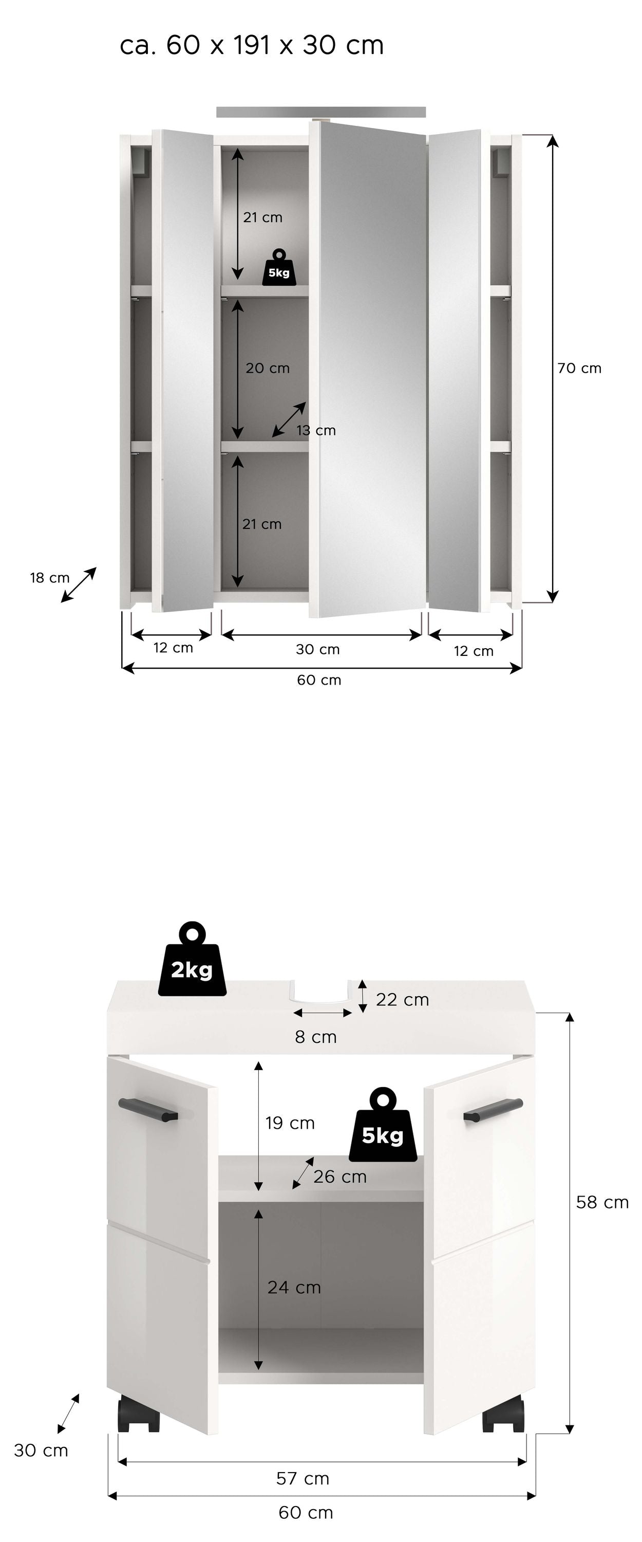 Ensemble de salle de bain avec éclairage NOVA (L/H/P : env. 60/191/30 cm) en blanc/blanc brillant