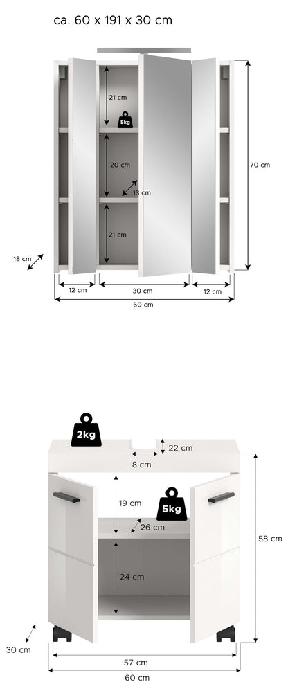 Ensemble de salle de bain avec éclairage NOVA (L/H/P : env. 60/191/30 cm) en blanc/blanc brillant