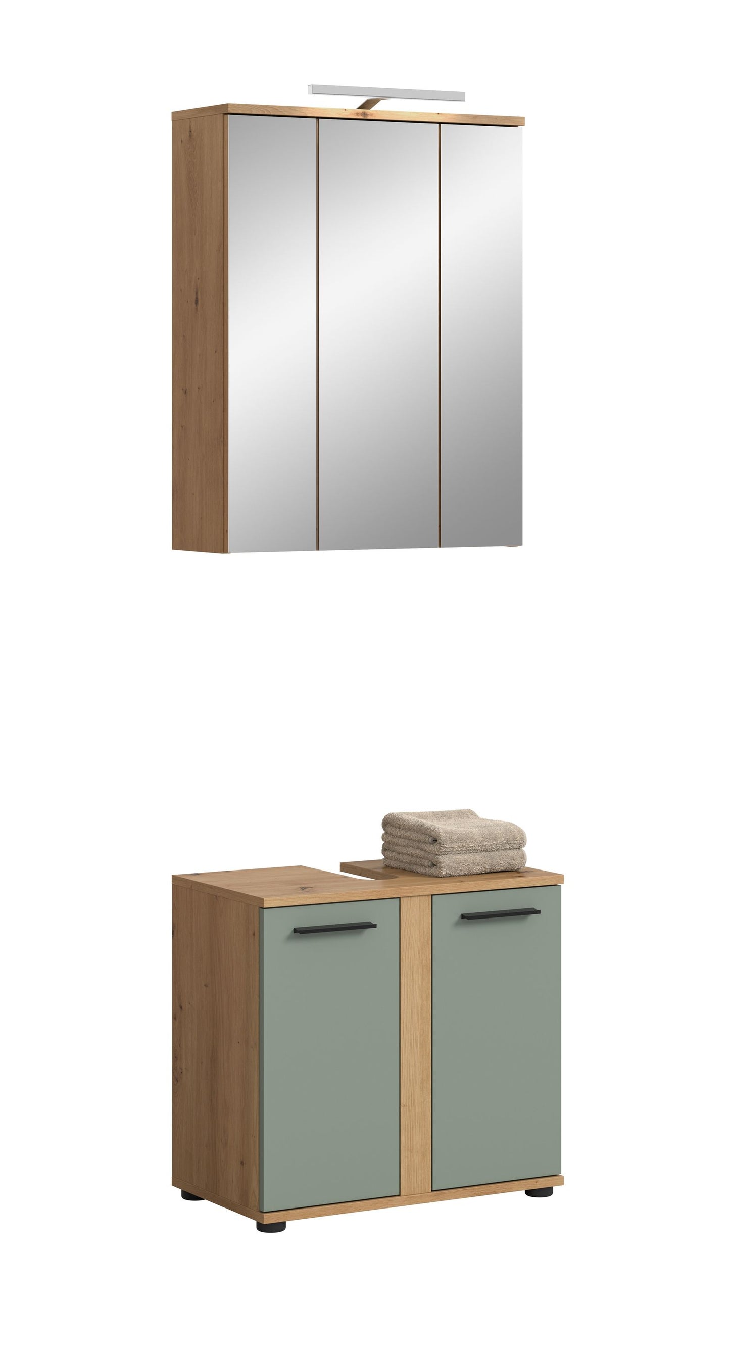 Homes & Jones Badmöbel-Set: Spiegelschrank mit Holzrahmen und Beleuchtungsleiste