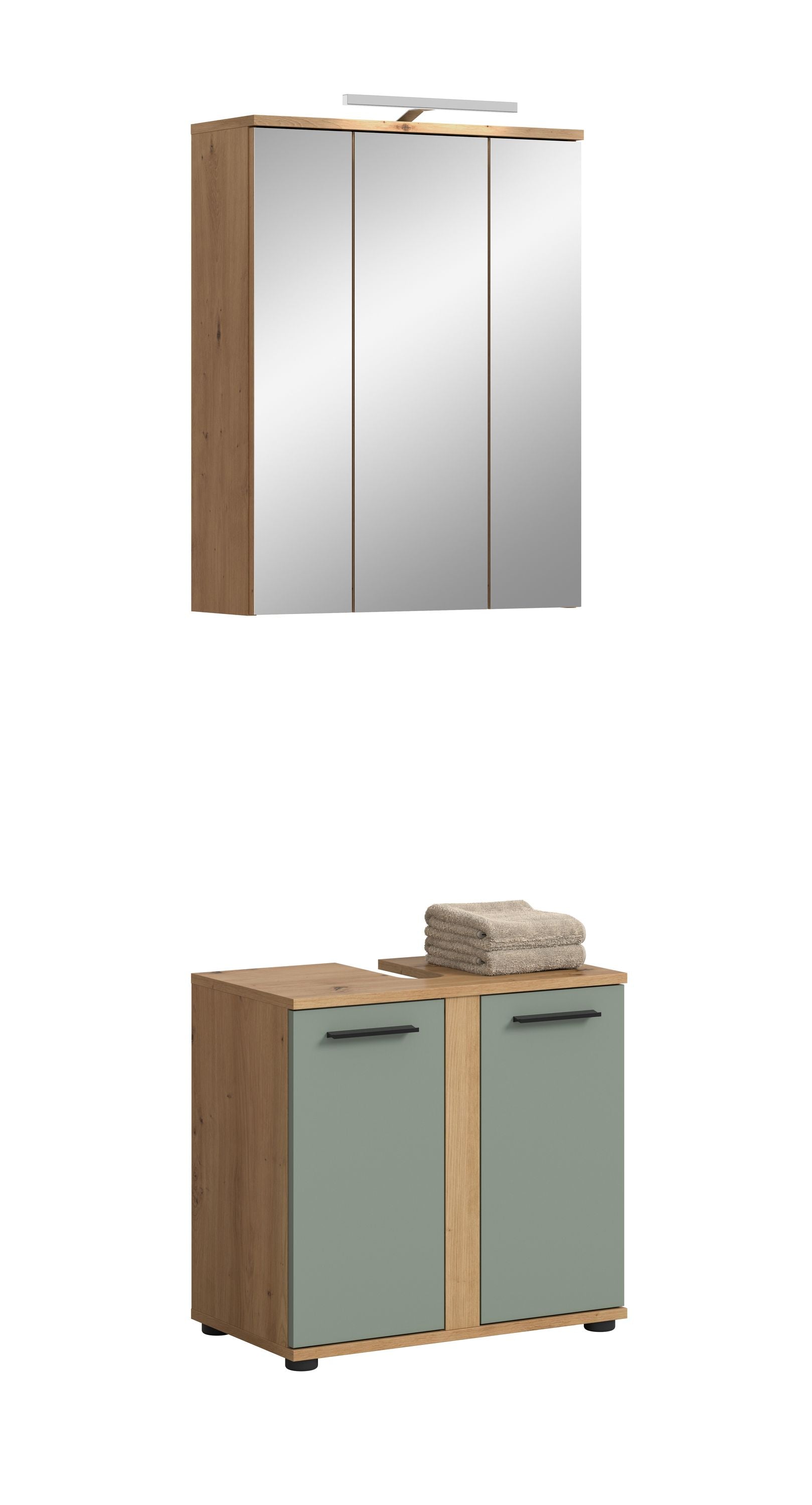 Homes & Jones Badmöbel-Set: Spiegelschrank mit Holzrahmen und Beleuchtungsleiste