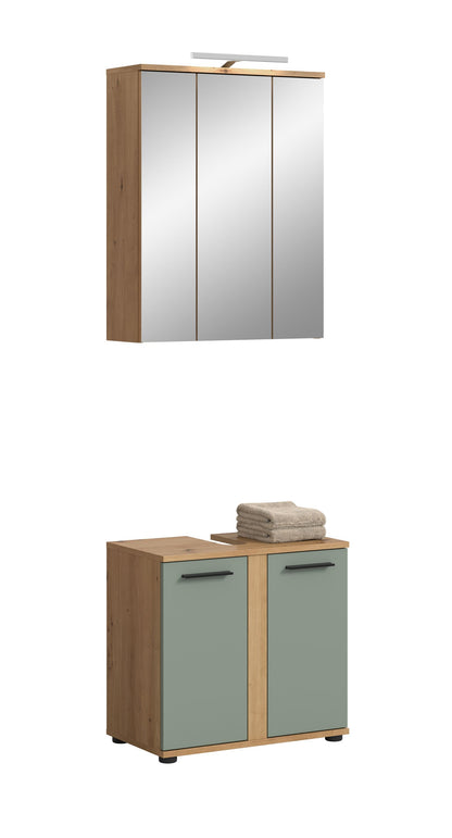 Homes & Jones Badmöbel-Set: Spiegelschrank mit Holzrahmen und Beleuchtungsleiste