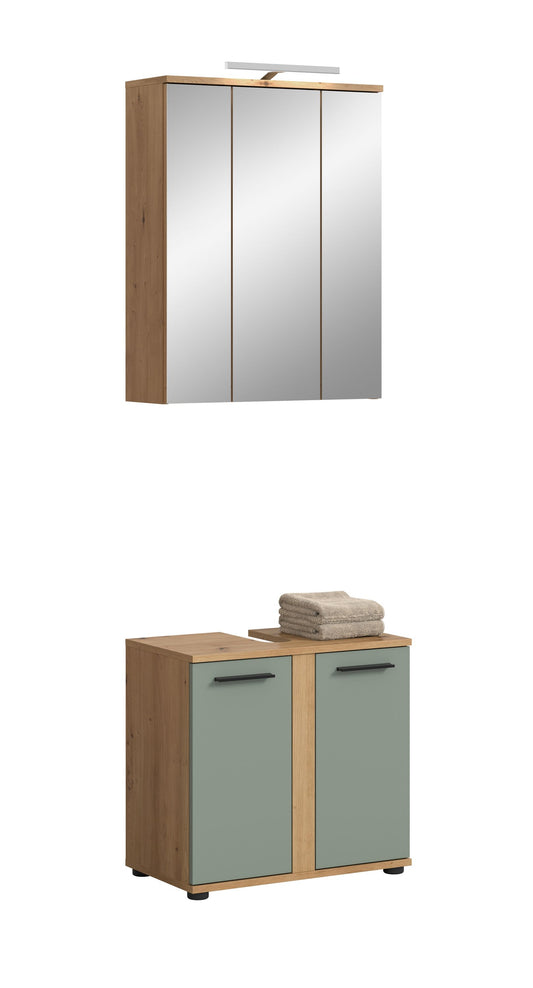 Homes & Jones Badmöbel-Set: Spiegelschrank mit Holzrahmen und Beleuchtungsleiste