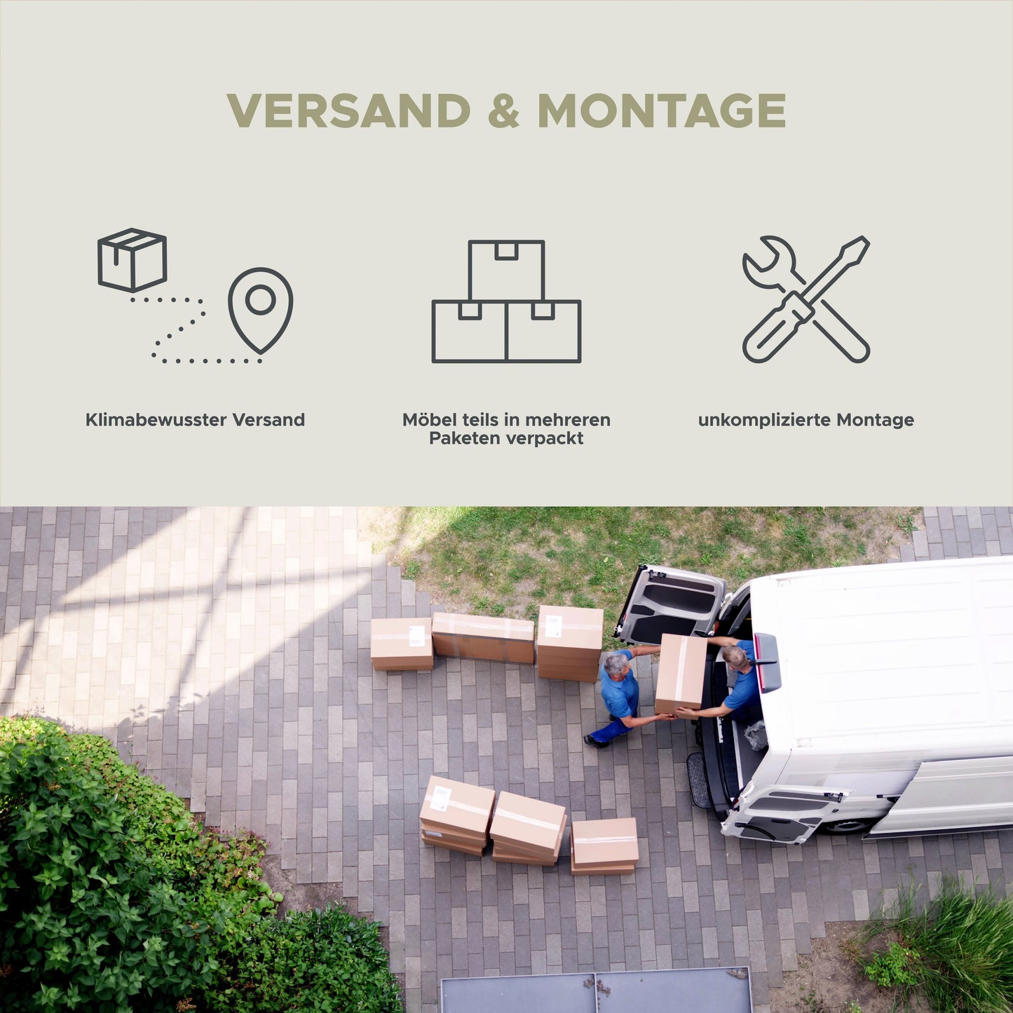 Infografik „Versand & Montage“: klimabewusster Versand, einfache Montage