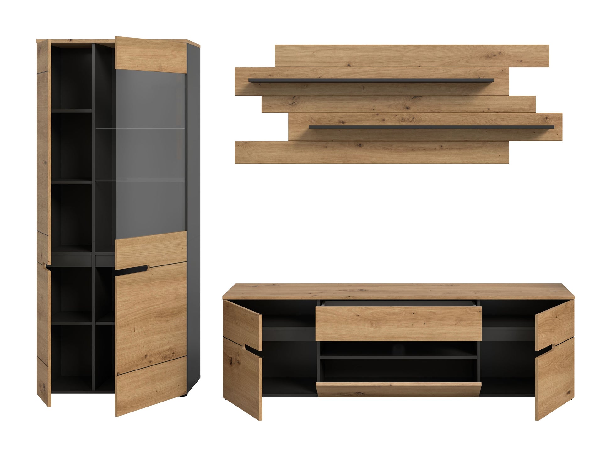 Anbau-Wohnwand mit offener Vitrine und Lowboard; Holzdekor, schwarze Innenfront