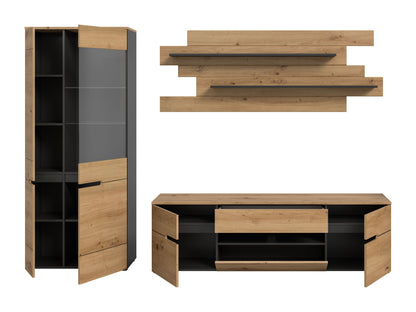Anbau-Wohnwand mit offener Vitrine und Lowboard; Holzdekor, schwarze Innenfront